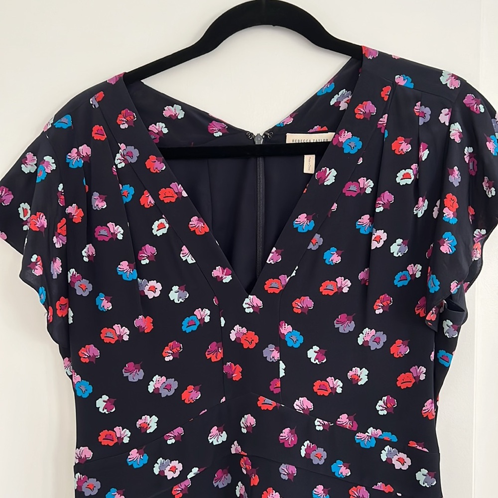 Rebecca Taylor navy floral dress with flutter sleeve and hem. Worn once.